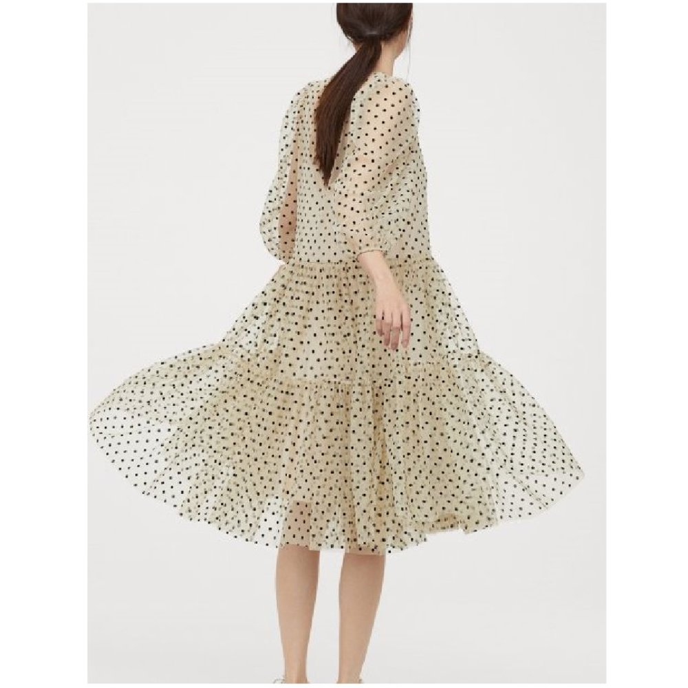 Sheer Polka Dot Midi Dress in Cream with Black Dots